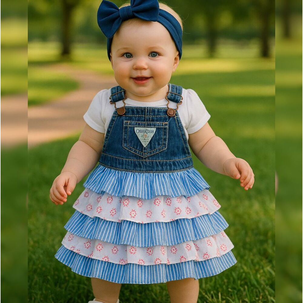 OshKosh B’gosh 6M Denim Ruffle Overall Dress Baby Girl Blue Stripe Tiered Skirt